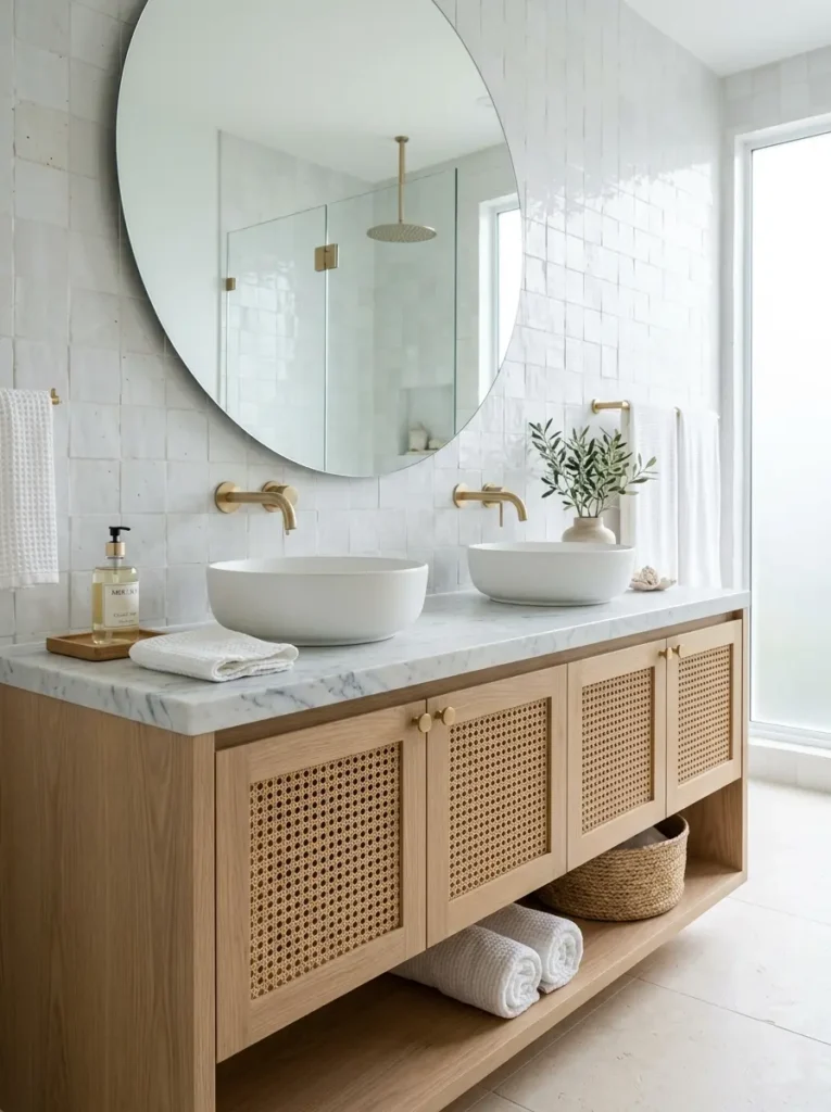 Wooden bathroom vanity with rattan doors and marble countertop.