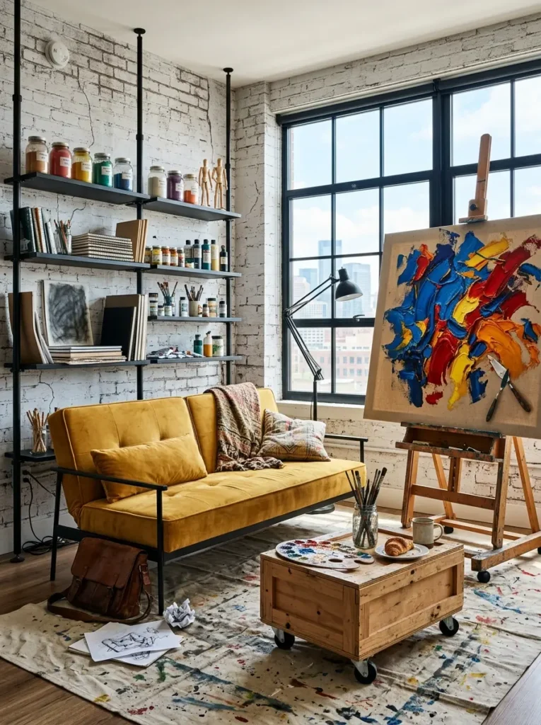 Bright yellow futon next to large painting on wooden easel with black metal shelving in industrial loft rental living room