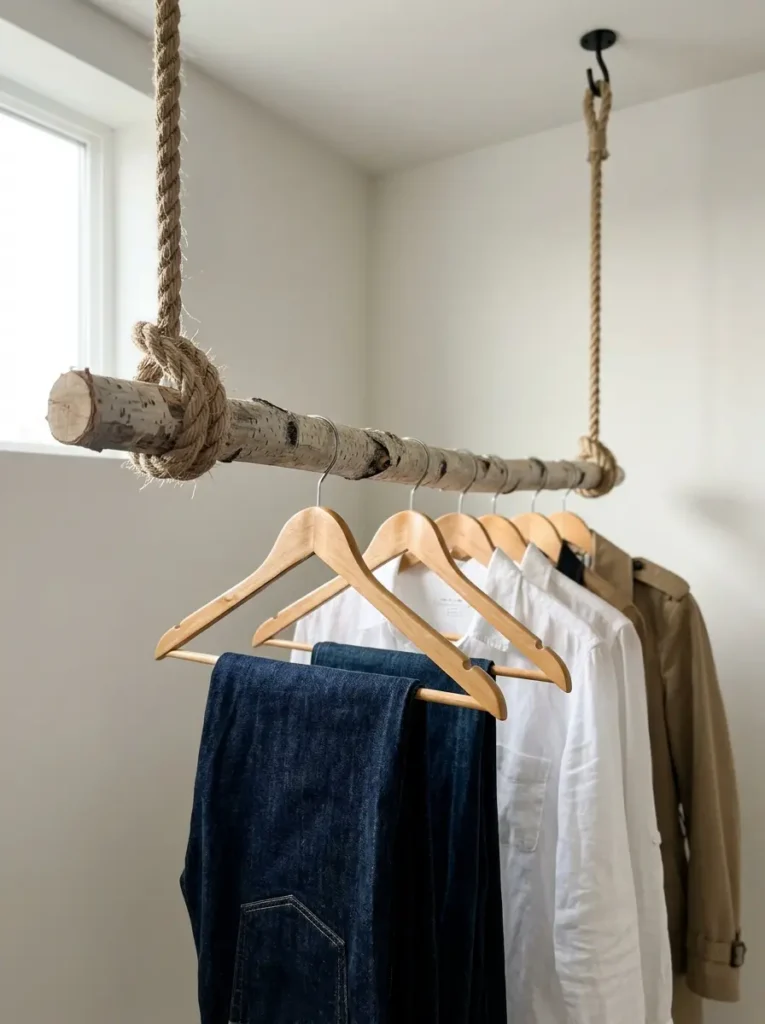 Birch wood branch suspended from ceiling with rope as a DIY clothing rack