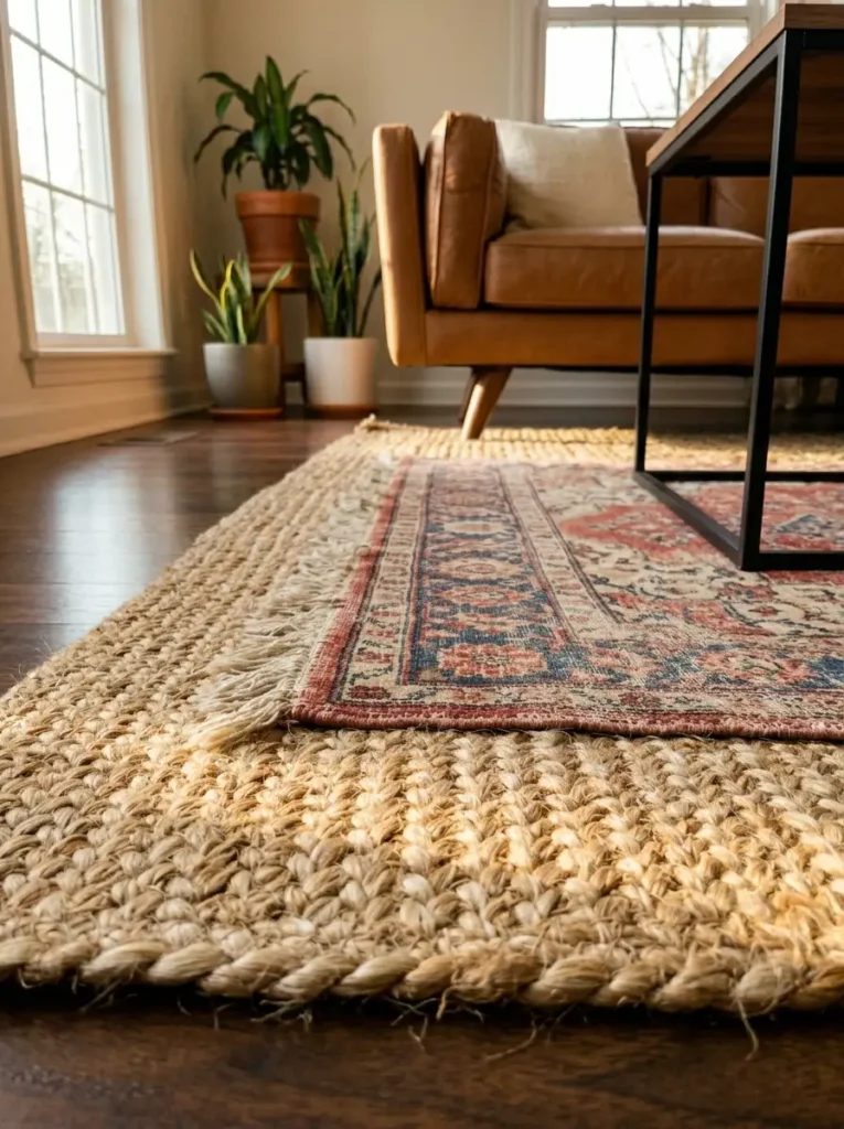 Layered Vintage And Jute Living Room Rugs Small patterned vintage rug layered over a large natural jute rug in a bright living room.