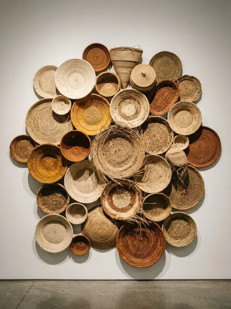 Woven Basket Wall Gallery Collection of round woven baskets arranged creatively on a plain white wall.