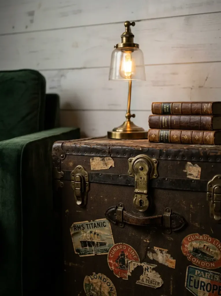 Vintage Steamer Trunk Side Table Weathered antique steamer trunk used as a living room side table next to a green velvet sofa