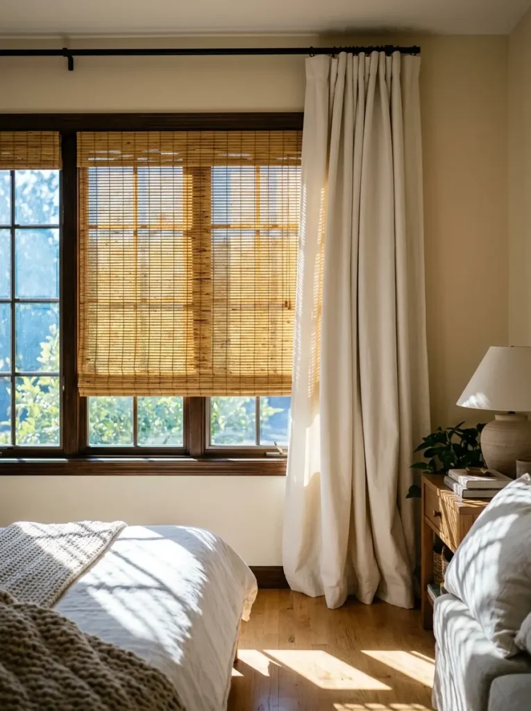Woven bamboo window shade paired with thick cream cotton drapery in a sunlit bedroom.