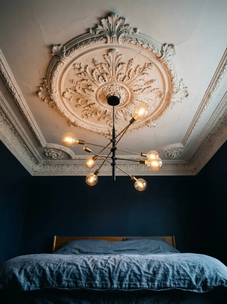 Detailed white plaster ceiling medallion above a bed with navy blue walls