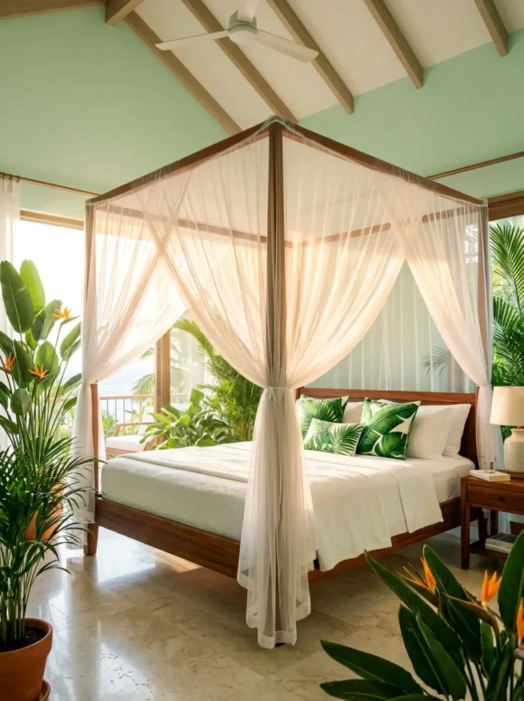 Wooden canopy bed draped in sheer white curtains surrounded by lush indoor tropical plants in a bright spring bedroom
