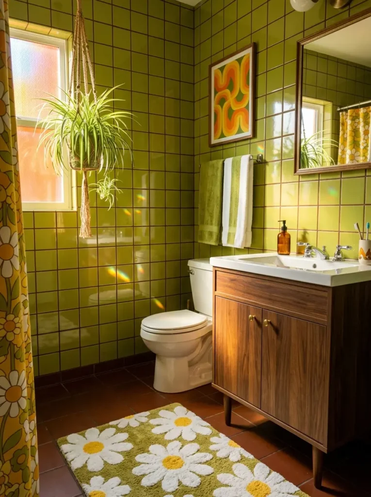 Olive green square bathroom tiles with a hanging spider plant and daisy rug.