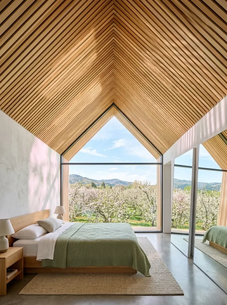 Bedroom with a vaulted light wood slatted ceiling and a window showing orchard trees.
