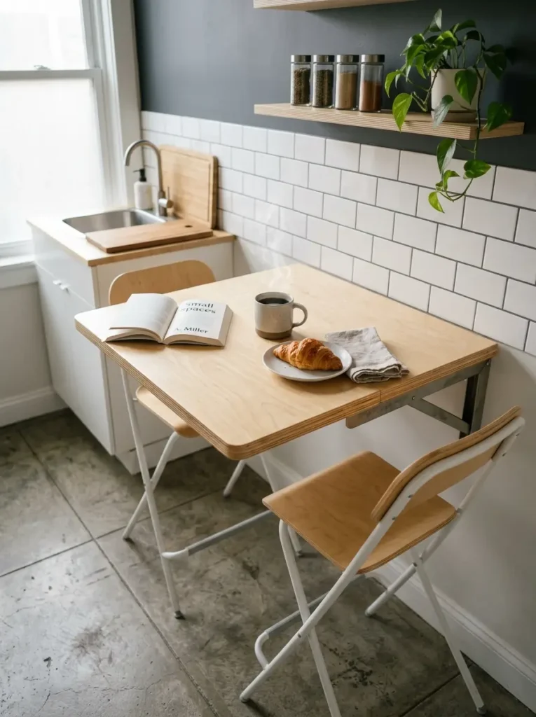 Birch wood wall mounted drop leaf table extended for dining in a compact kitchen layout.