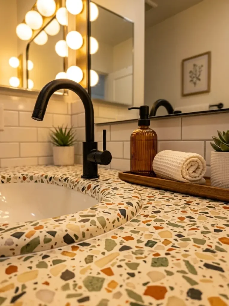 Bathroom sink vanity wrapped in colorful terrazzo contact paper with a black faucet