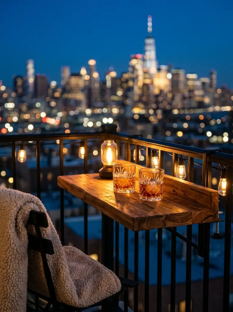 Wooden fold down table attached to a balcony railing with two glasses overlooking a lit city skyline.