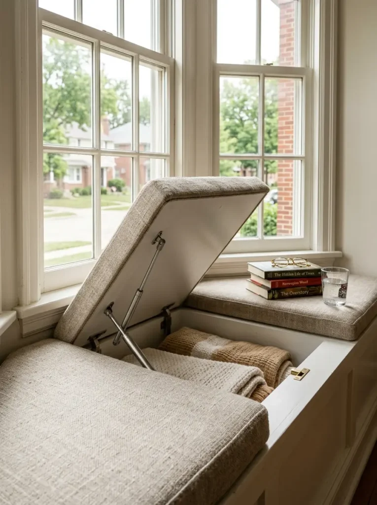 Open wooden window seat reveals deep storage for folded blankets