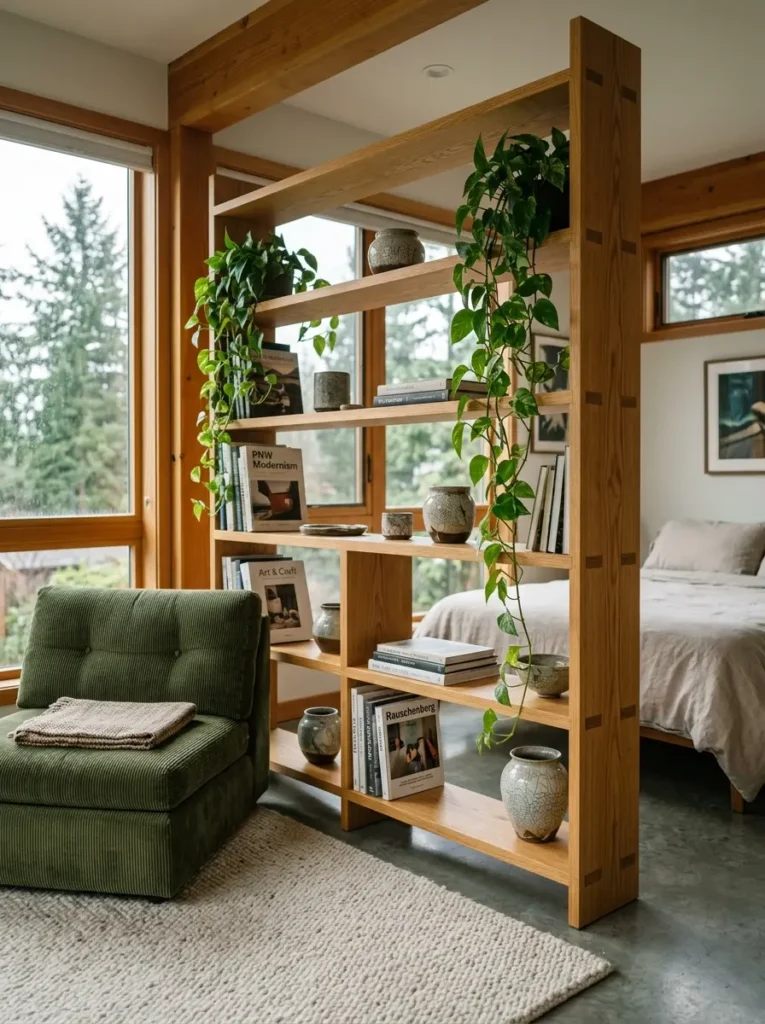 Wooden Shelving Room Divider Tall wooden open shelving unit separating a bed from a living area with trailing green plants.