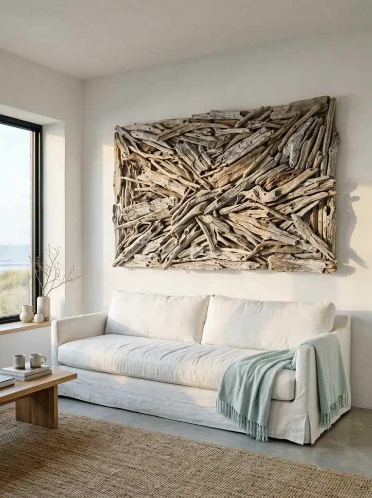 Rectangular driftwood wall art above a white sofa.
