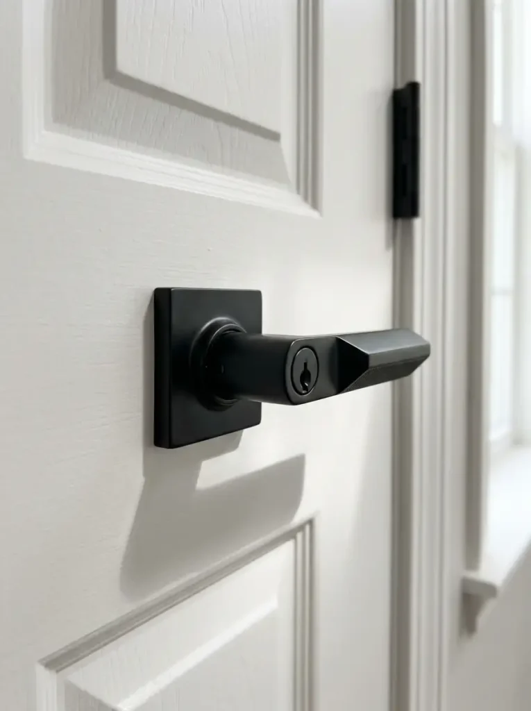 Matte Black Interior Door Lever Matte black geometric door lever installed on a white painted interior residential door.