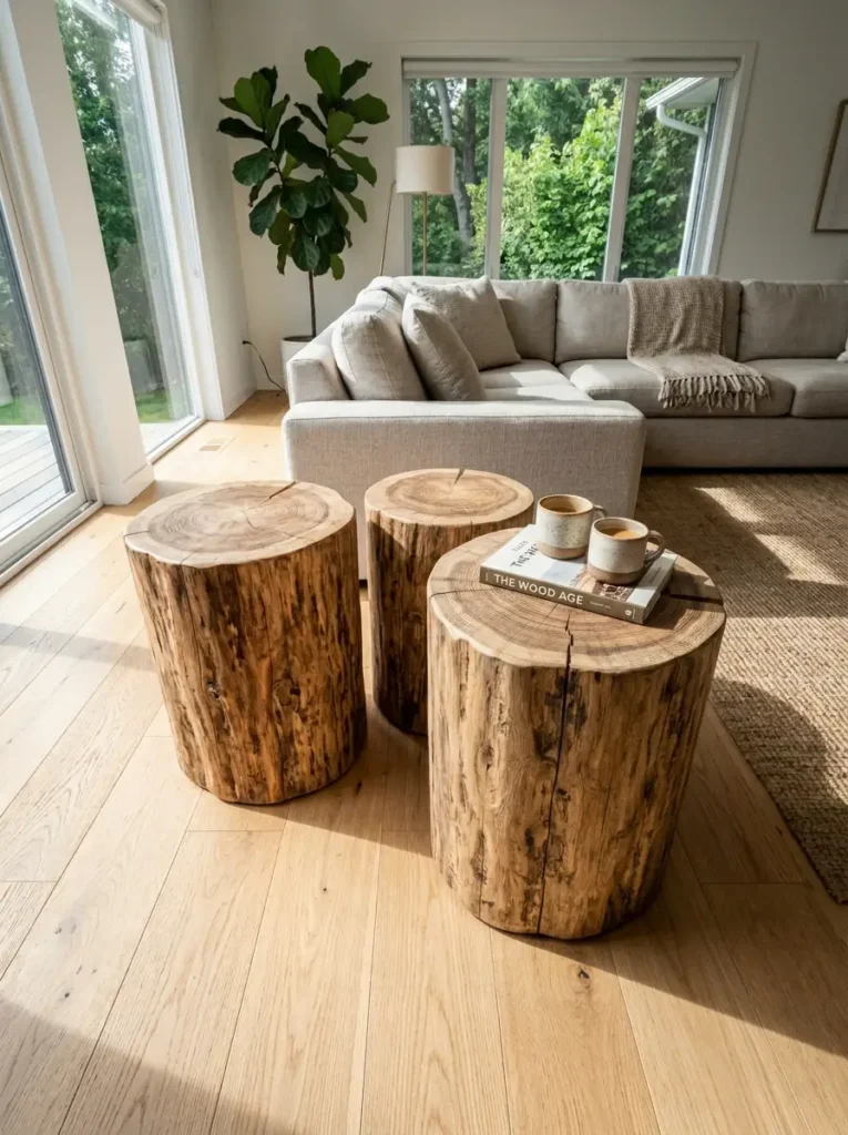 Raw Tree Stump Tables | StylishGalore Three varying heights of raw sanded tree stumps grouped together as a coffee table