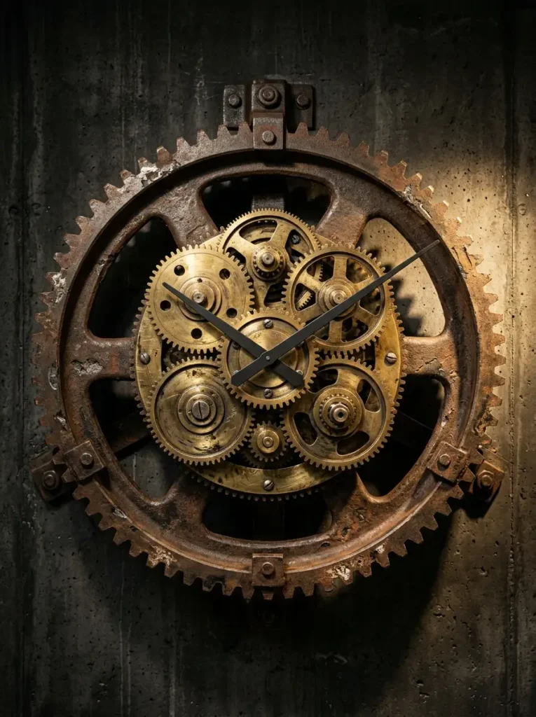 Mechanical Gear Wall Clock Massive wall clock made from heavy rusted iron and brass mechanical gears mounted on concrete.