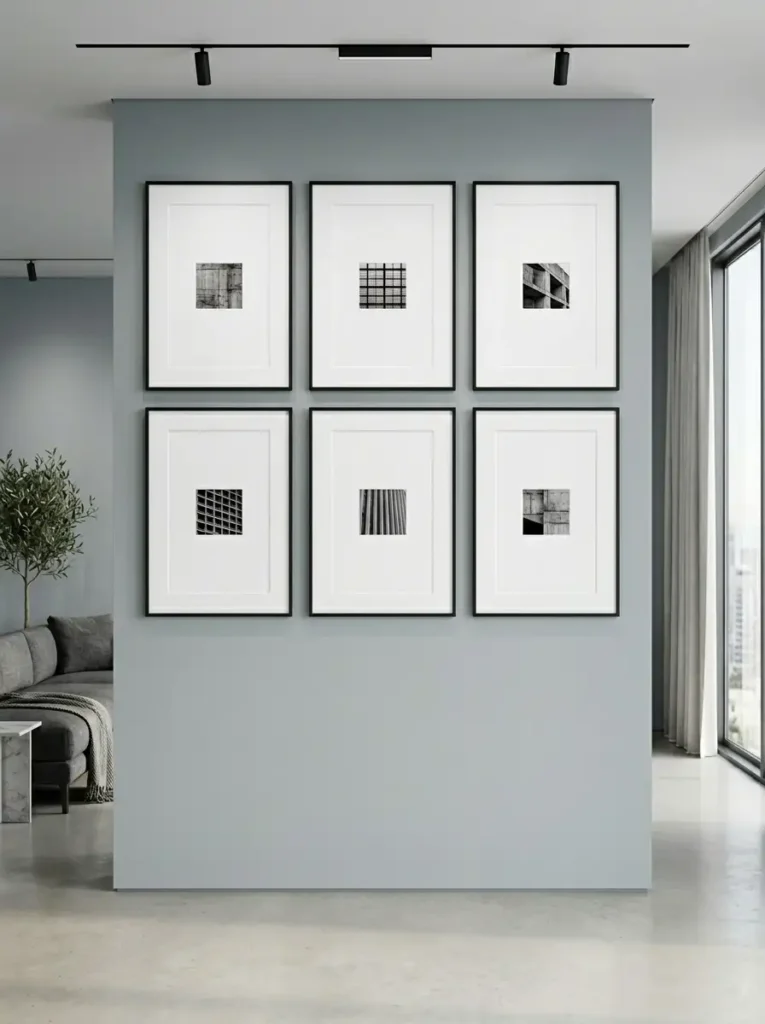 Symmetrical Wide Mat Gallery Wall Six black picture frames arranged in a grid featuring tiny black and white photos surrounded by wide white matting