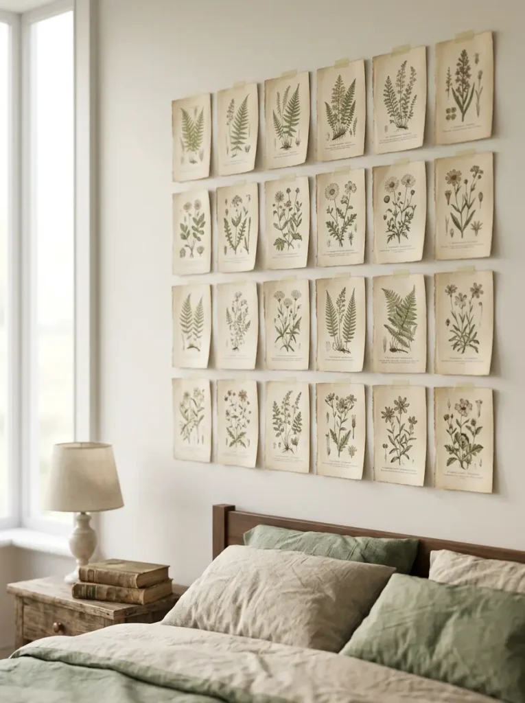 Vintage botanical illustration book pages taped to a white bedroom wall in a neat symmetrical grid.