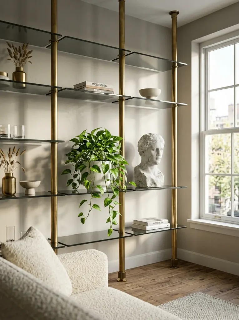 Floor to ceiling brass tension pole shelves holding plants and books near a window