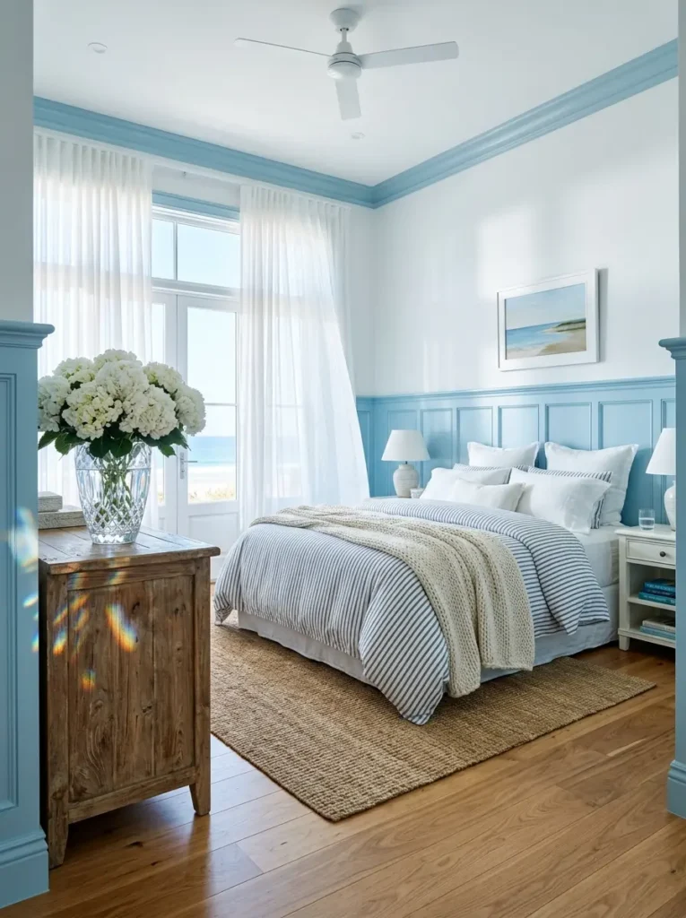 Sky blue wooden wall paneling white and navy striped bedding and a large glass vase of white hydrangeas on a wood dresser