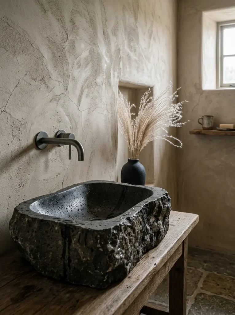 A rugged stone basin sink on a wood shelf against textured beige plaster walls.