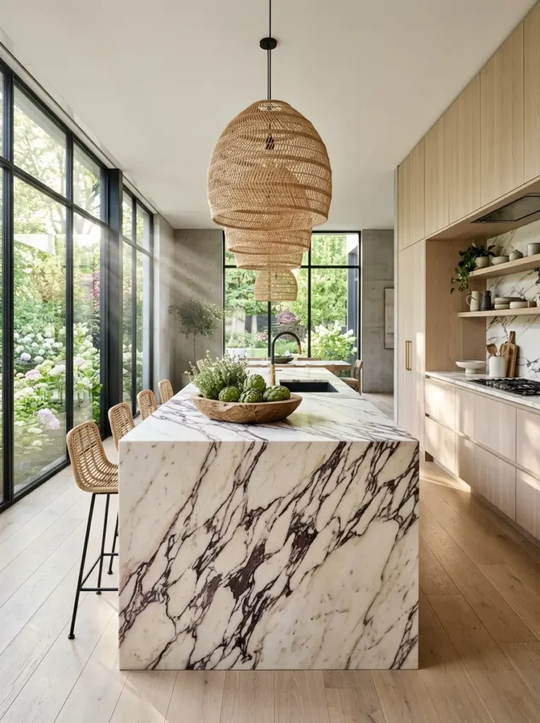 Large white marble kitchen island with deep purple veining and woven bar stools.