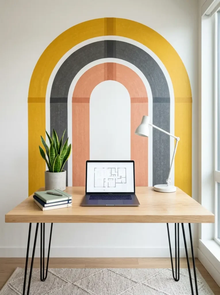 Geometric arch mural made of yellow and peach tape above a wooden desk