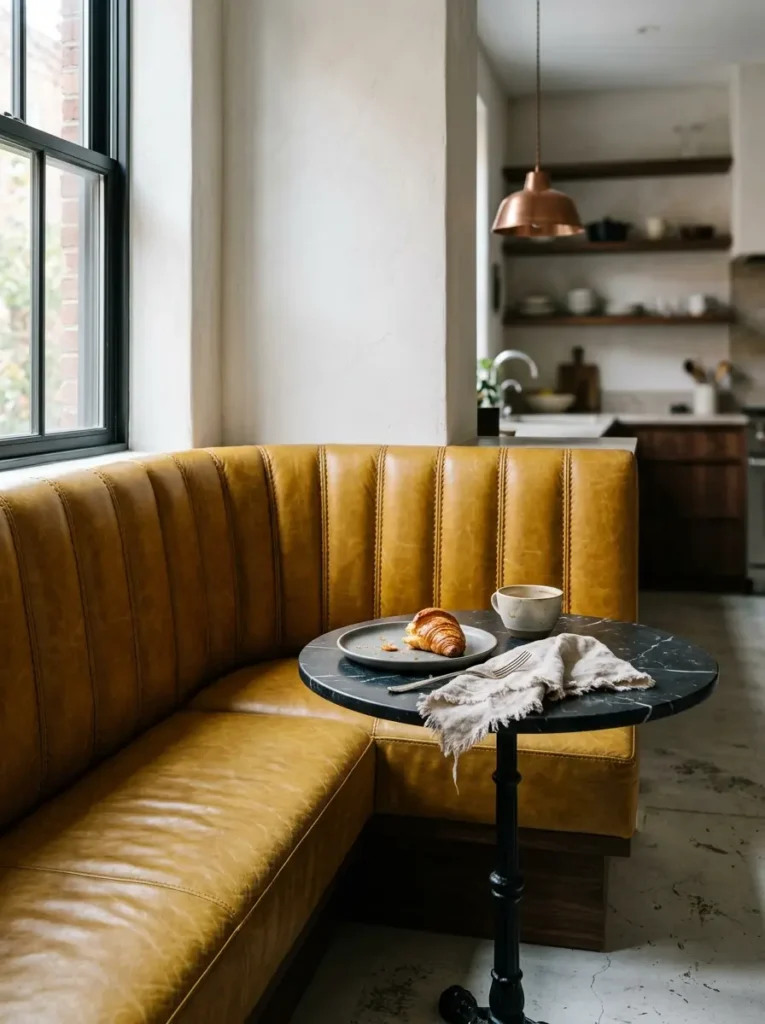 Mustard yellow leather corner seating paired with a round marble table