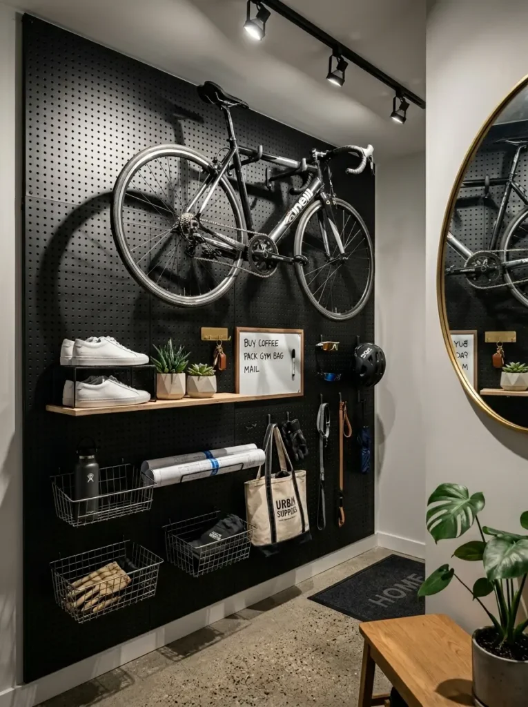 Black perforated pegboard wall holding a bicycle shelves and storage baskets in an entryway.
