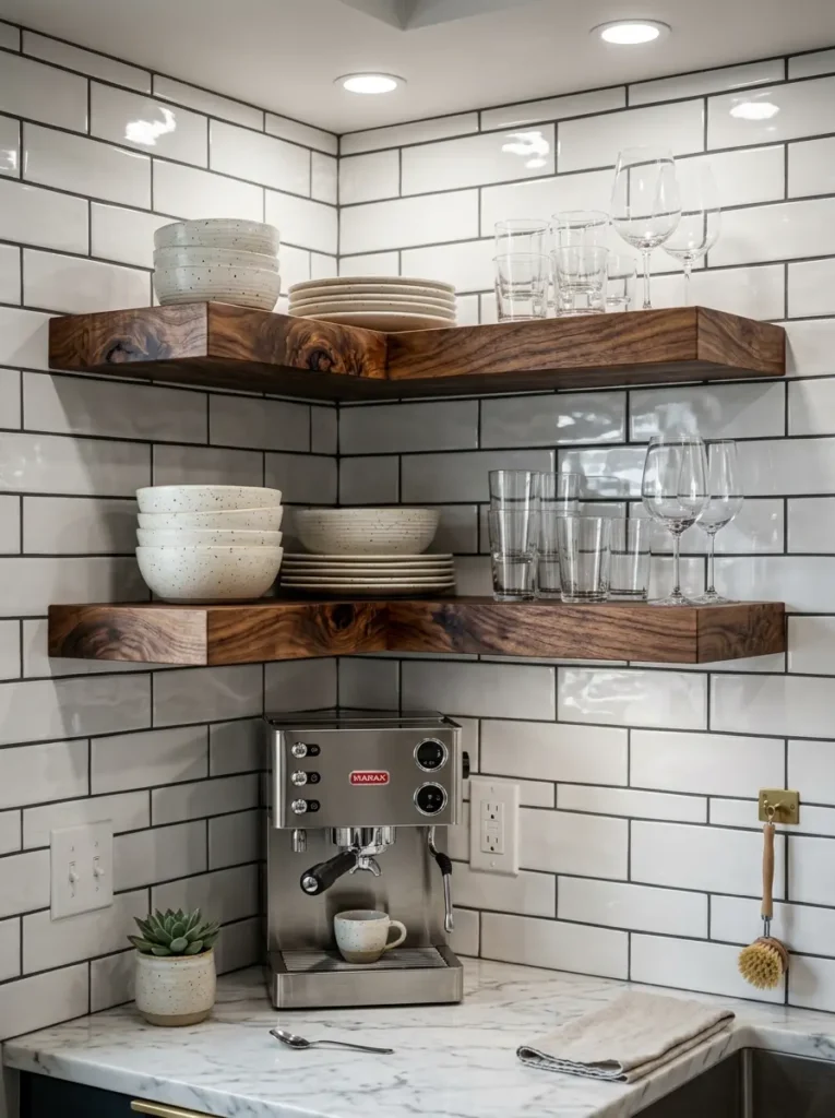 Floating Corner Kitchen Shelves Chunky wood floating shelves wrapping around a kitchen corner holding white bowls and clear glasses.