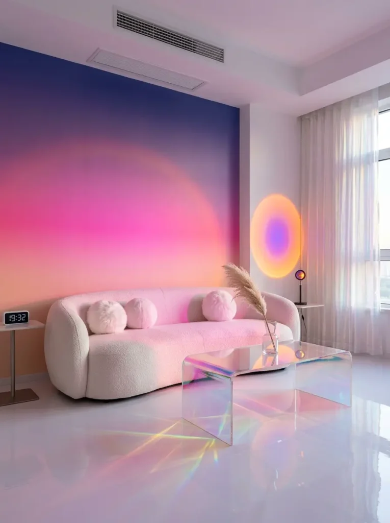White fluffy couch facing clear iridescent coffee table illuminated by bright sunset gradient projection lamp on wall