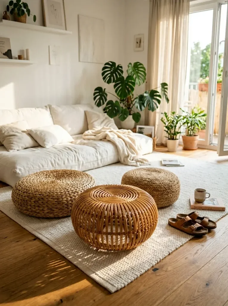 Two natural fiber floor poufs on a white rug.