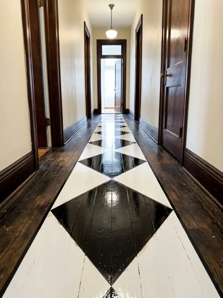 Hallway hardwood floor painted with a bold black and white harlequin diamond runner