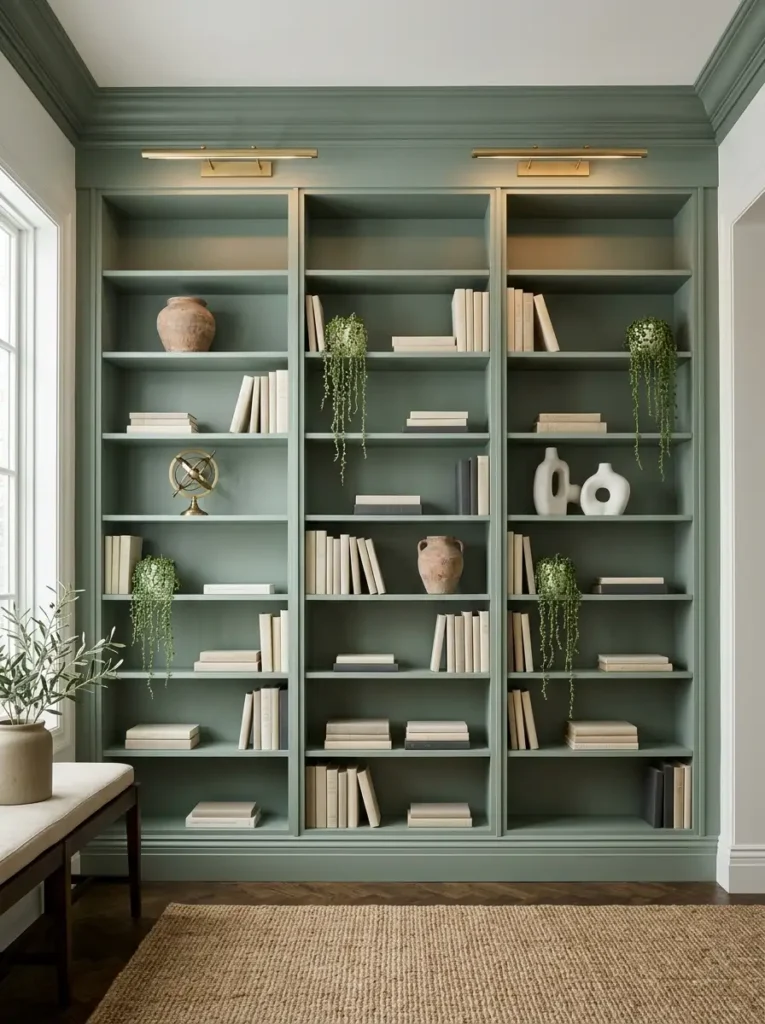 Painted Built In Wall Bookcases Tall bookcases painted soft sage green to match the walls styled with books and trailing plants.