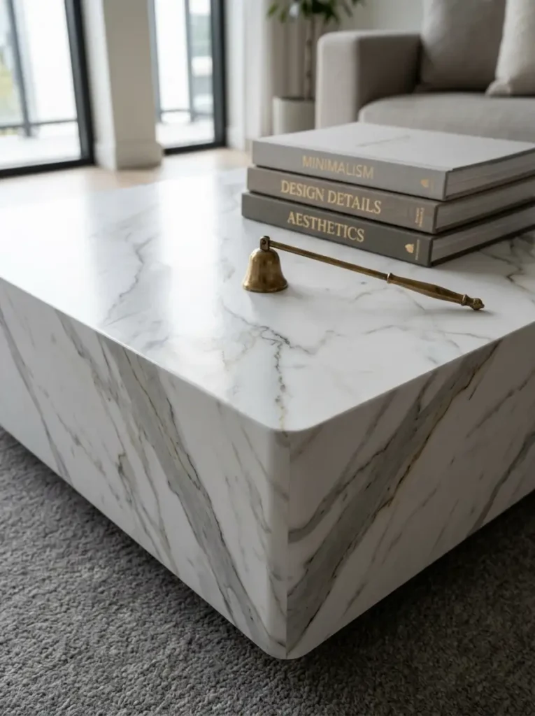 Faux Marble Table Wrap | StylishGalore Square block coffee table wrapped in faux Calacatta marble contact paper holding a brass snuffer