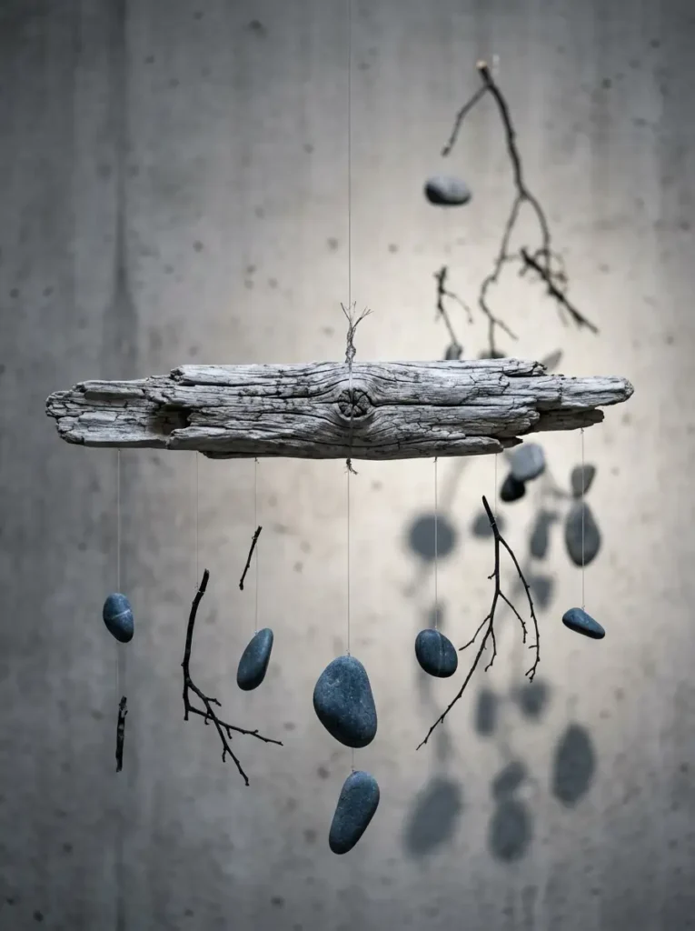 Driftwood And Stone Mobile Hanging kinetic sculpture featuring a driftwood base with suspended dark stones and twigs.