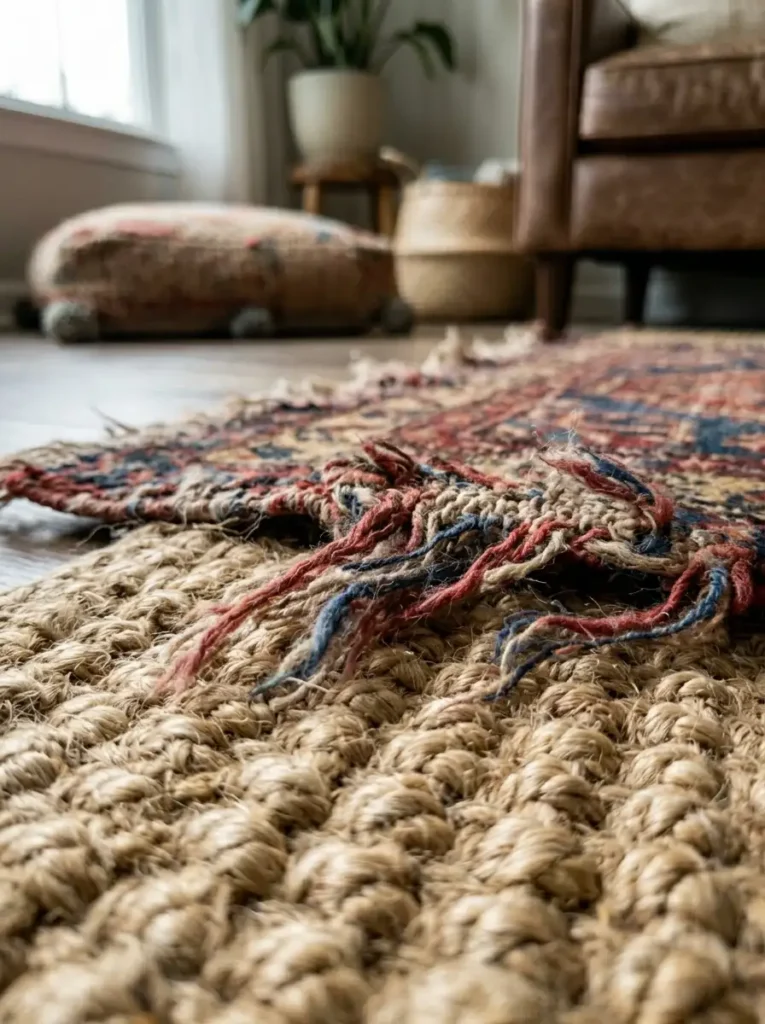 Layered Vintage Persian Runner Rug Frayed vintage Persian runner rug layered on top of a thick natural jute carpet in a living room
