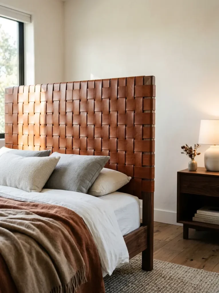 Headboard made of woven cognac brown leather straps catching warm natural sunlight.