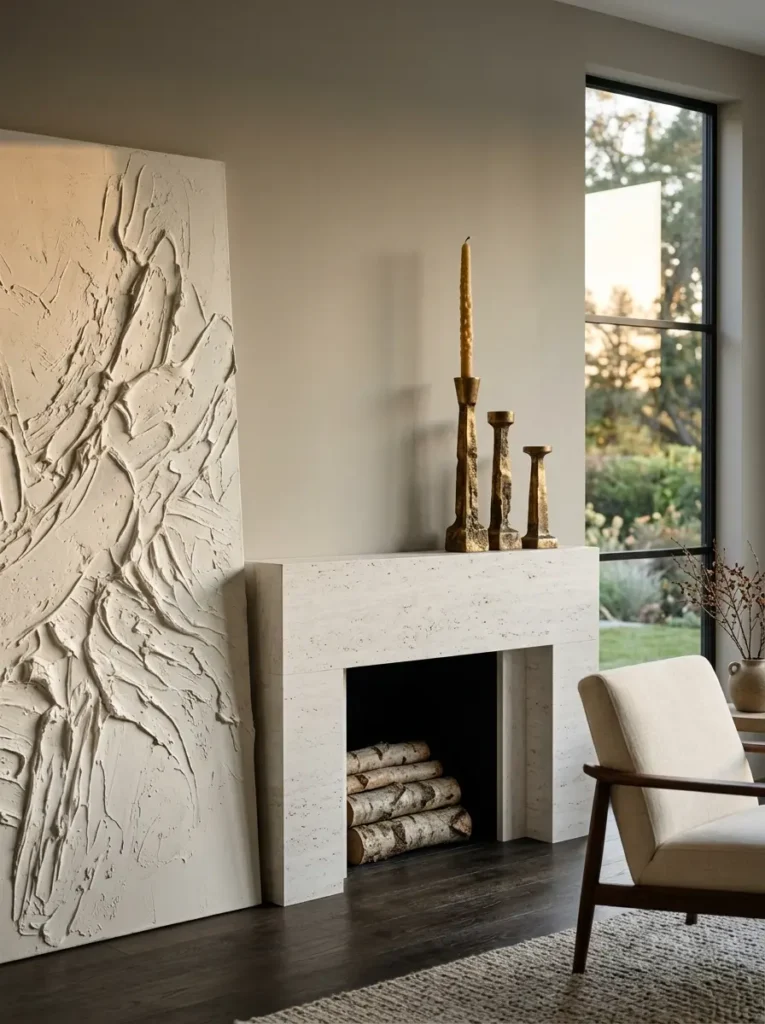 Fake light textured stone fireplace mantel filled with birch logs