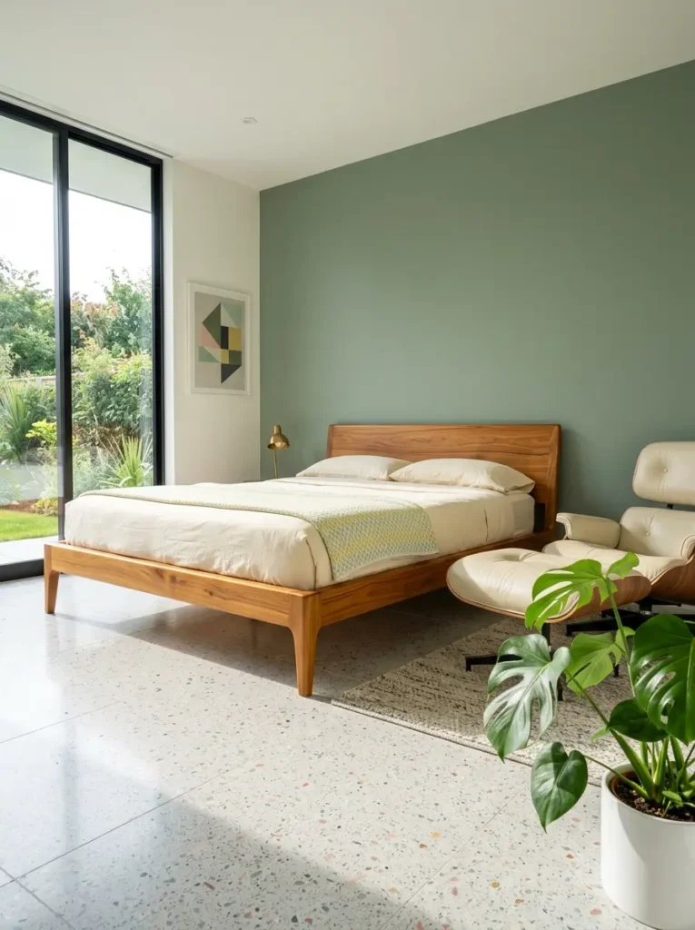 Sleek wooden teak bed frame against a smooth sage green wall with colorful terrazzo floors and a cream leather lounge chair