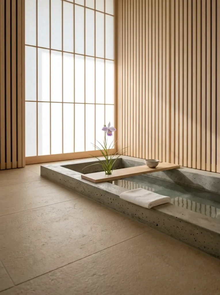 A sunken concrete tub next to a shoji screen with a single purple flower.