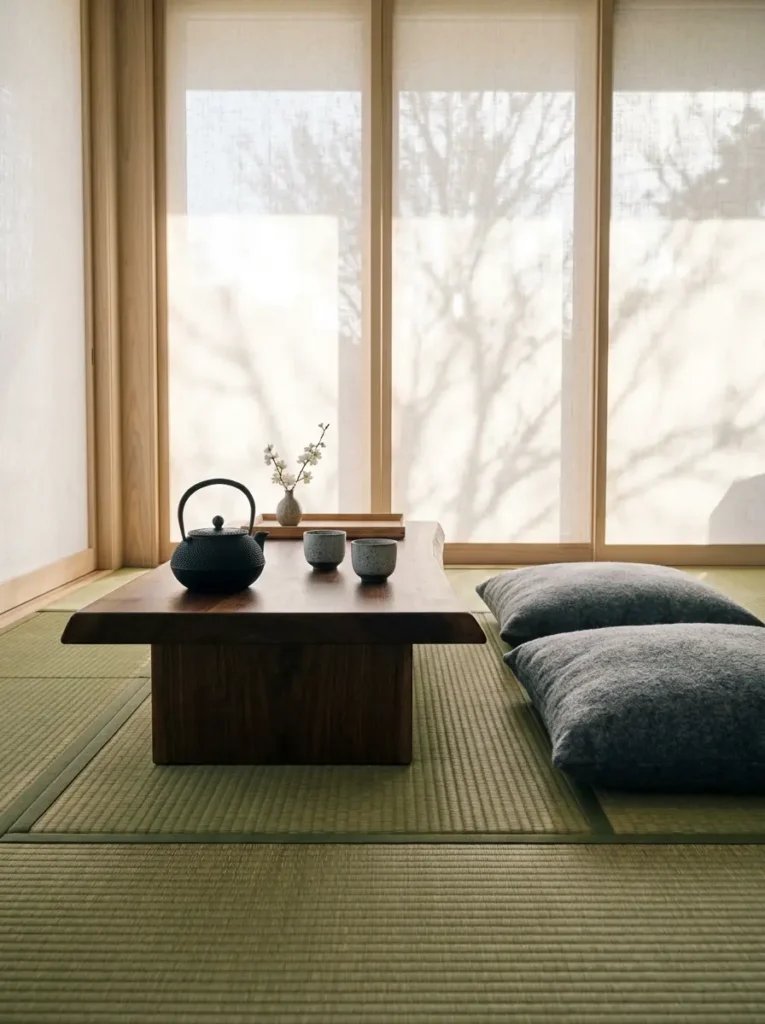 Japanese inspired tea corner with a low wood table and gray floor cushions.