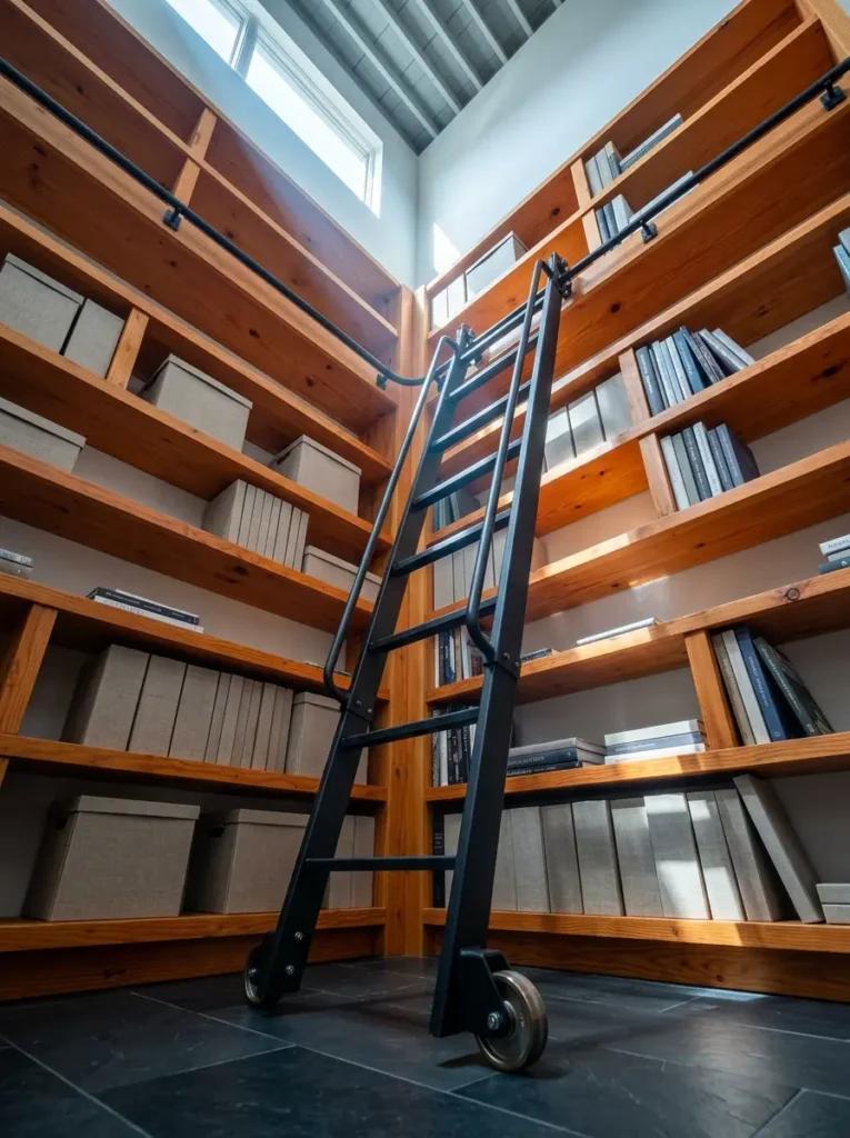 Black metal rolling ladder leaning against tall wooden bookshelves
