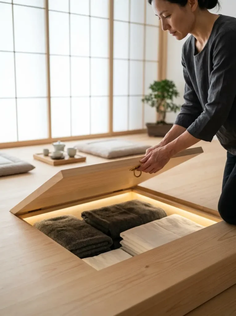 Person lifting a pale wooden trapdoor in the floor revealing folded towels inside a glowing compartment.