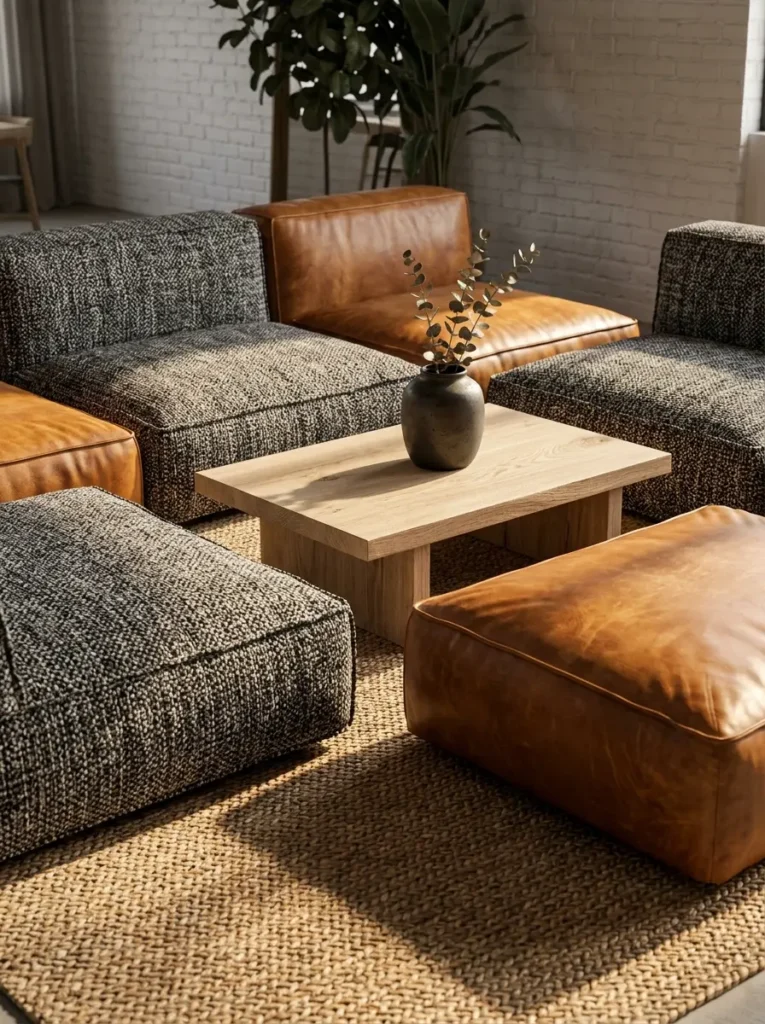 Modular Floor Seating Modular floor seating made of grey textured fabric and brown leather square blocks.