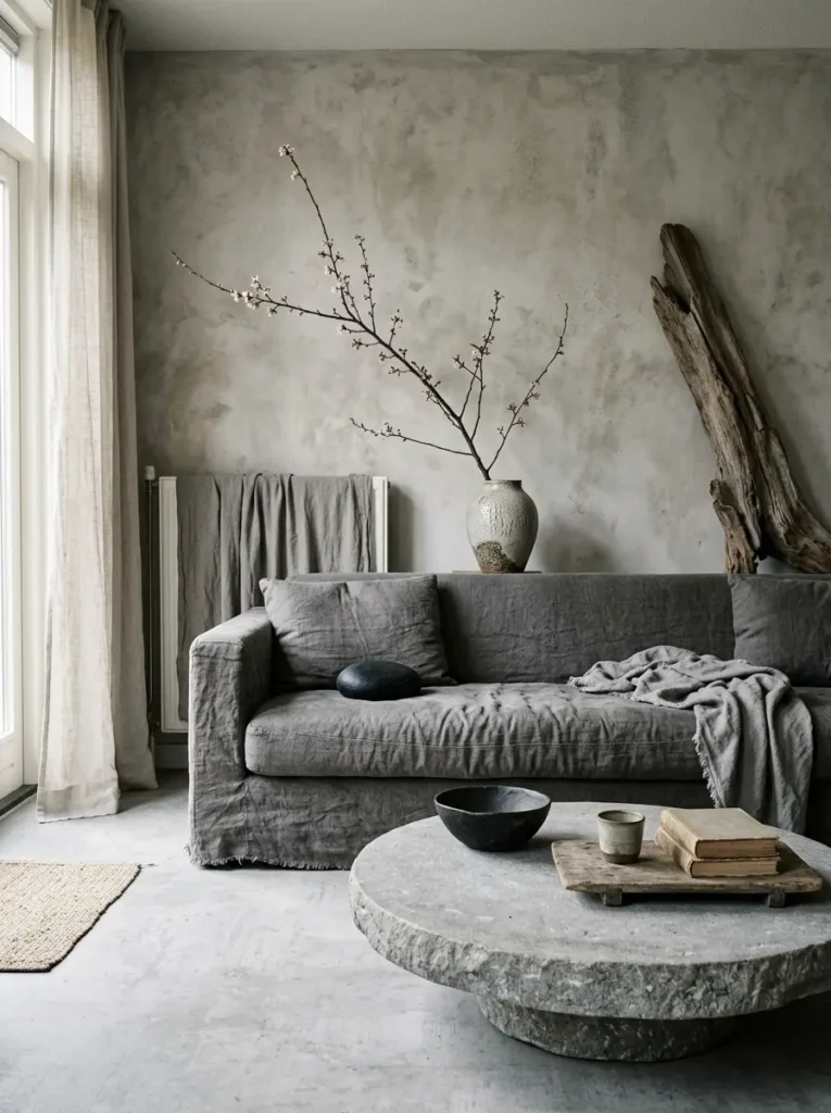 Gray linen couch with raw stone coffee table and large driftwood piece against textured plaster wall in minimalist apartment