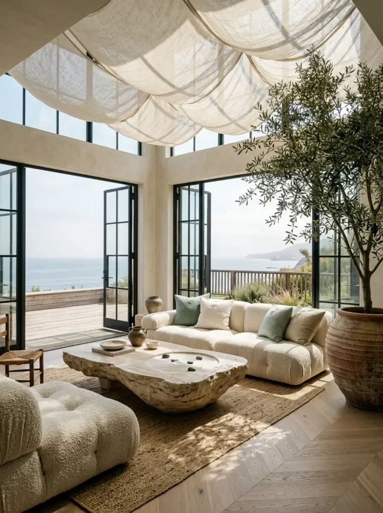 Draped white fabric ceiling in a coastal living space.