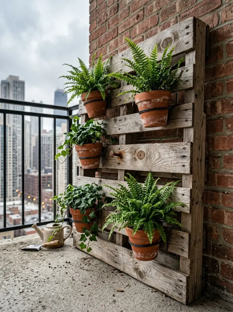 Upright wooden shipping pallet on a balcony displaying terracotta pots with ferns