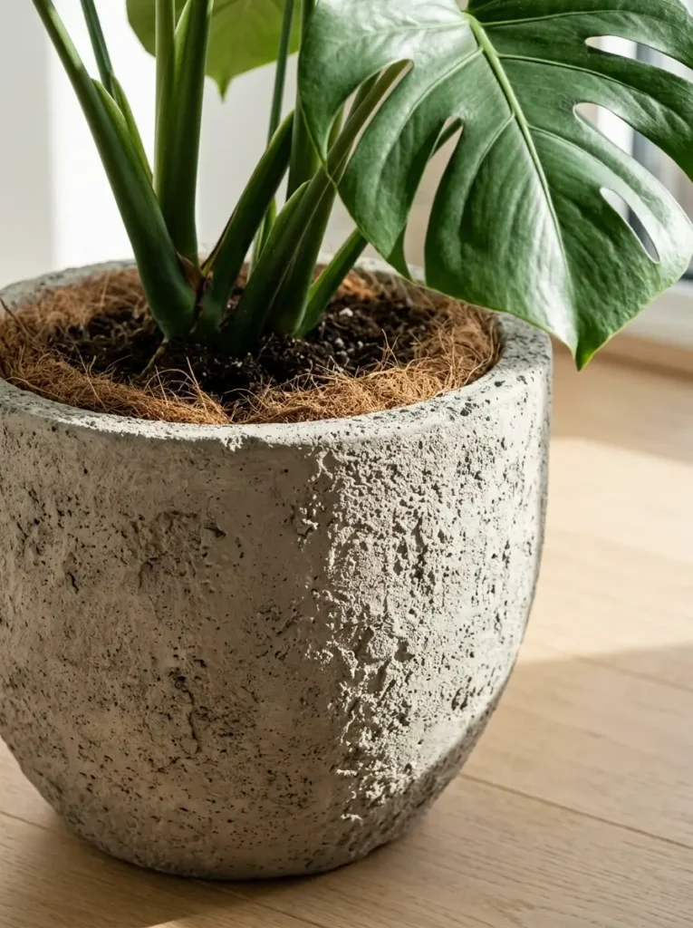 Textured Faux Concrete Plant Pot Large green plant growing in a faux concrete planter created with textured gray paint.