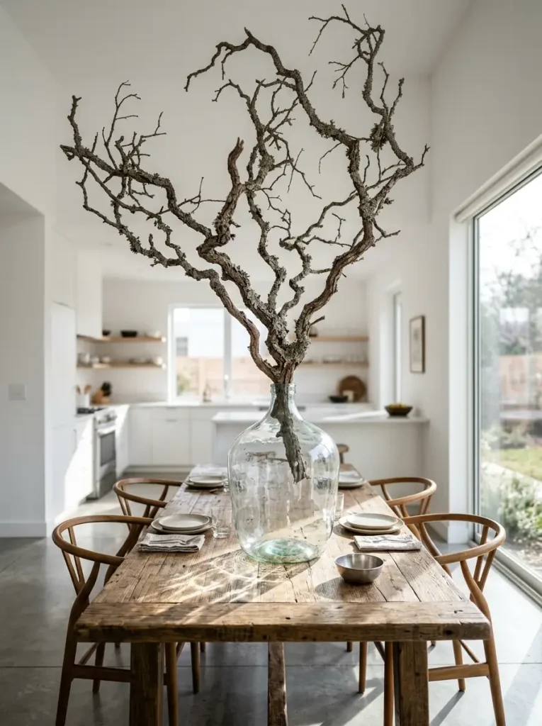 Oversized Branch Centerpiece | StylishGalore Large twisted dried oak branch standing inside a clear glass demijohn vase on a wooden dining table
